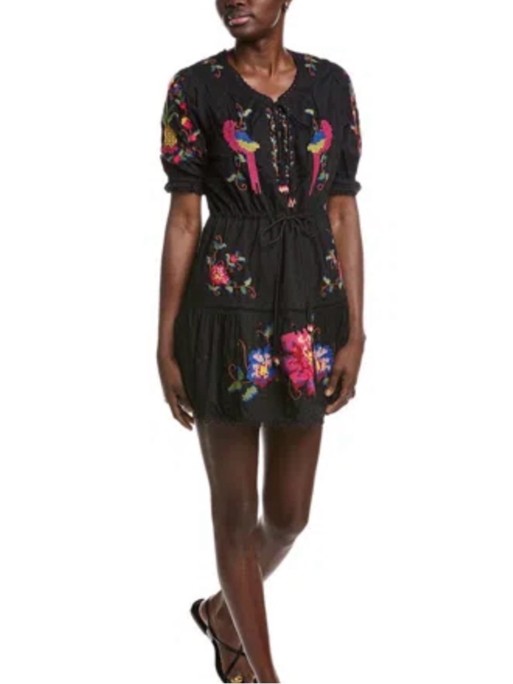 FARM Rio Black Mini Dress with Multicolor Floral & Bird Embroidery